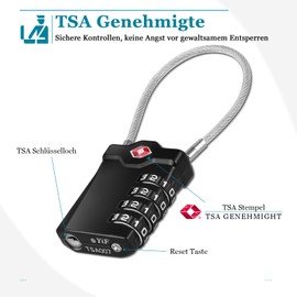 NAGE Suitcase Lock, TSA Lock 4 Digit, Tent Lock with Opening Alarm Display, Luggage Lock with White Numbers, Travel Lock, Cable Lock for Suitcases, Backpacks, Locker (Pack of 1, Black)