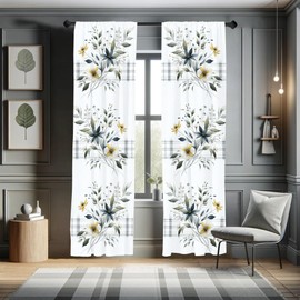 Ambesonne Floral Window Curtains Pack of 2, Minimalist Design Cozy Neutral Farmhouse Plaid with Leaves and Flowers, Lightweight Set & Rod Pocket, 4 Panels of - 28" x 84", Sage Green Blue Yellow