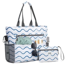 G4Free 50L Large Beach Bag Women Tote Bag with Makeup Bag Zipper Pocket Waterproof Sandproof(Wavy Stripes)