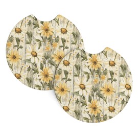 Car Cup Holder Coaster Wood Grain Daisy Pattern Set of 2 Silicone Cup Holder Insert Cute Car Accessories Interior for Women & Men 2.7 in
