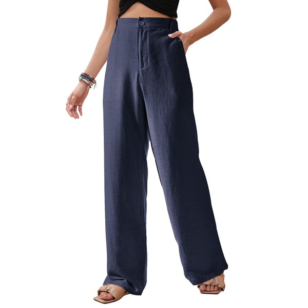 UMIPUBO Linen - Pantalones largos de pierna ancha para mujer, estilo casual, cintura alta, con botones, sueltos, estilo palazzo, pantalones de verano con bolsillos, Azul oscuro, XXL