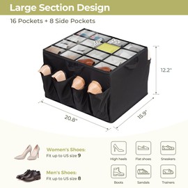 STORAGEIDEAS Shoe Organizer for Closet, Shoe Storage Solution with Clear Cover & Adjustable Dividers, Fabric Shoe Box Fits 16 +8 Pairs Shoes, Black, 2-Pack