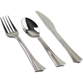 144 Heavy Duty Silver Plastic Cutlery Set - 48 of Each Piece Quality Bulk Reusable Fancy Plastic Silverware Perfect for Parties