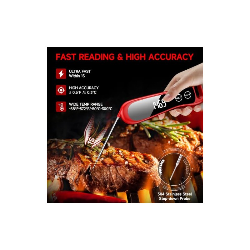 Meat Thermometer Digital with Backlight Large Display, IP67 Waterproof Instant