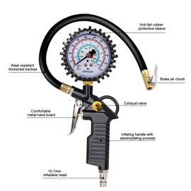 BURNNOVE Tyre Inflator Digital Tyre Pressure Gauge 220 PSI Multifunctional Air Pressure Gauge with Multiple Spare Parts Tyre Inflation Gauge for Cars Motorcycles ATVs and Bicycles