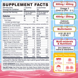 Nextdia Omega 3 (EPA/DHA) Filled Gummies for Kids with Multivitamin, Calcium + D3 + K2 + Zinc, Plus Vitamin A B1 B2 B12 C, Selenium, lodine for Brain, Eye, Bone, Energy, No Fish Taste, Sugar Free