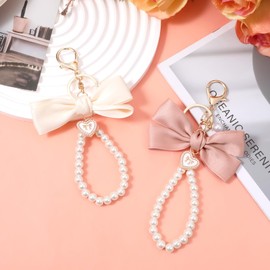 Xthrotsenk 2Pcs Cute Bow Keychain for Women Purse Charms Bow Bag Charms for Handbag Bowknot Beaded Keyring Charm Key Chains Accessories for Car Aesthetic Bag Charm