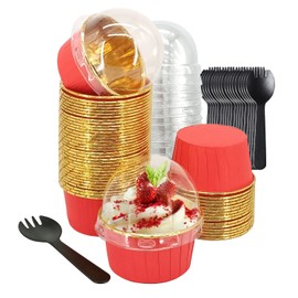Large Cupcake Liners Baking Cups 50 Pack,LNYZQUS 5.5 Oz Foil Muffin Cups Muffin Tins,Disposable Ramekins Tins With Lids And Spoons,Cupcake Wrappers Holders For Wedding Bakery-Red in gold