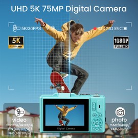 SOPPY 5K Digital Camera with WiFi Transfer, 75MP Vlogging, 18X Zoom & 3" Flip Screen, Auto Focus YouTube Camera, 64GB SD Card Included, Compact for Kids, Teens & Beginners, Blue