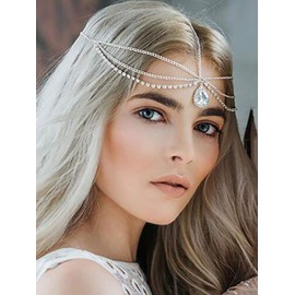 Chargances Bridal Crystal Head Chain with Teardrop Diamond Bride Headpiece Wedding Hair Accessories for Bridesmaid Rhinestone Headband for Prom Party Festival Hair Jewelry for Women and Girls(gold)