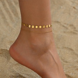 Dabovos Gold Ankle Bracelets for Women 18K Gold Plated Heart Beads Dots Coin Snake Chain Anklets Dainty Layered Anklet Simple Summer Beach Waterproof Foot Bracelet Jewelry Gift