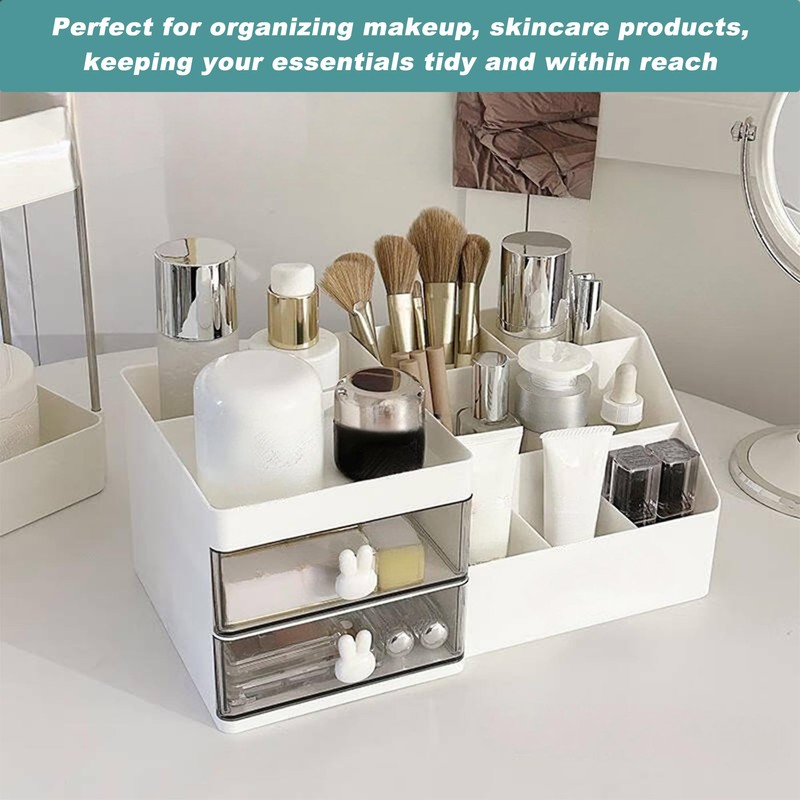 White Makeup Organizer with Drawer - Office Desktop Storage Box,