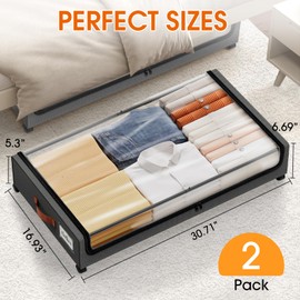 SpaceHacks SpaceHacks Under Bed Storage with Wheels 2Pack Storage Containers with Clear Window&Label Under Bed Drawers Rolling Under Bed Storage for Clothes,Shoes, Blankets (30.71 x 16.93 x 6.69 in, Dark Grey)