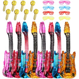 Inflatable Instruments, 24 Pcs Party Props Includes Inflatable Guitar, Inflatable Microphone and Party Glasses, Blow Up Guitar for Kids Adults Music-Themed Events and Fun Partys Decoration
