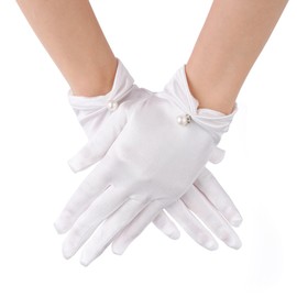 Lusofie White Satin Gloves with Pearly Short Wrist Length 1920s White Gloves Women Formal Opera Wedding Banquet Dress for Elegant Gown Bridal Dress Gloves Women Tea Party White Dress Gloves (White)