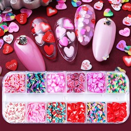 12Gird Valentine's Day Love Heart Nail Art Slices Sequins 3D Nail Charms Heart Shape Candy Colors Flakes Nail Cute Nail Decals for Women Nail Decorations Manicure DIY Nail Art Accessories