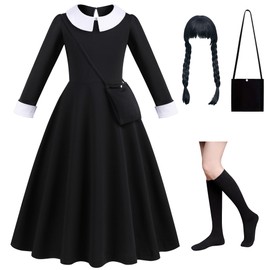 WIOLETA Black Costume Black Costume For Girls With Wig, Bag, Socks For Girls 4-13 Years
