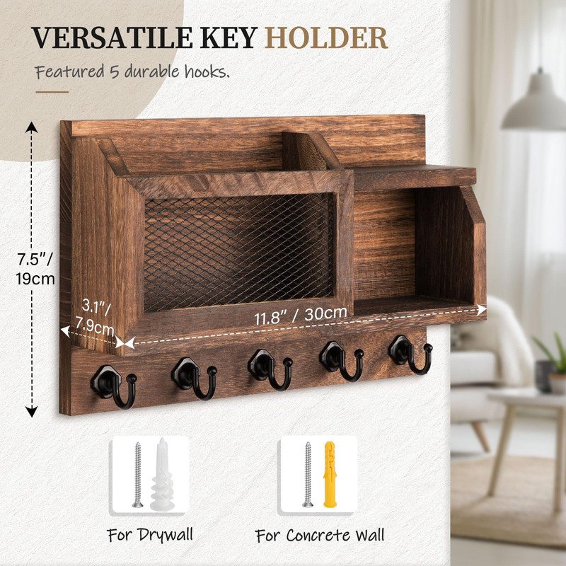 Nekon Key Holder Wall Mount with Mail Slot, 11.8" W