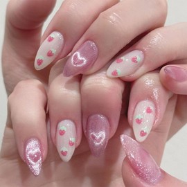 IMRAIN Pink Press on Nails Medium Almond Fake Nails Cat Eye Heart Designs Glossy Aurora Glitter Glue on Nails Full Cover Acrylic False Nails Cute Gel Handmade Artificial Nails Press ons 24Pcs