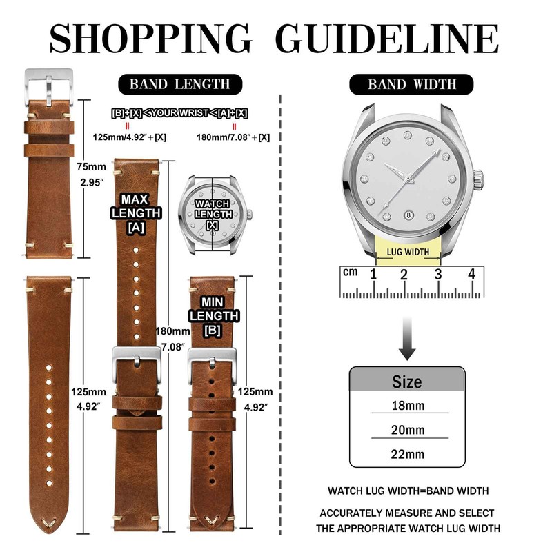 Anbeer Watch Band, Military Style Top Grain Leather, Quick Release