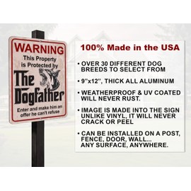 Aluminum Dogfather Sign, Beware of Dog, Do Not Enter, No Trespassing, Yard Sign, Home Decor, Over 30 Dog Breeds to choose from (9x12, Doberman)