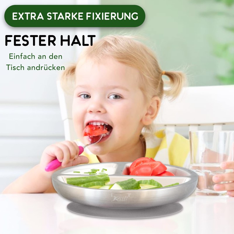 Rilli Stainless Steel Suction Cup Plate, Non-Slip Baby Tableware, Baby