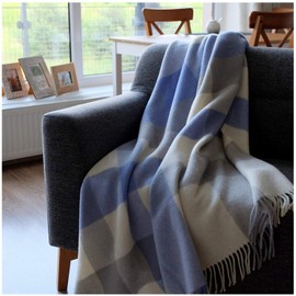 Linen & Cotton Fluffy, Cuddly and Warm Blanket Checked Blanket Cuddly Blanket Devon 100% Pure New Zealand Wool, Blue/Grey/White (140 x 200 cm), Sofa Blanket, Throw, Virgin Wool