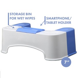 KEENEY SQT1C 7" Bathroom Stool Storage Bin for Cleaning Wipes with Tablet/Smartphone Holder-White/Blue Toilet Foot Rest