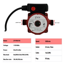 ZYIY 3-Speed Recirculating Hot Water Pump Circulation Solar Water Pressure Booster Pumps 115V 3/4" Domestic Hot Water Circulation Pump 46/67/93W Circulate Boost Pressure Water Pump Circulator Pump