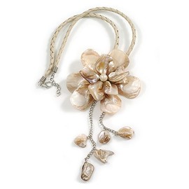 Avalaya Large Shell Flower Pendant with Faux Leather Cord in Antique White/44cm L/3cm Ext/15cm Pendant/Slight Variation In Colour/Size/Shape/Natural Irregular
