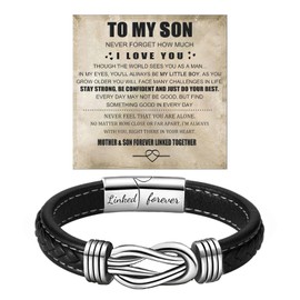 Son's Infinity Knot Bracelet, To My Son Infinity Knot Leather Bracelet From Mom Forever Linked Together Bracelet for My Son Stainless Steel Engraved Jewelry for Birthday Christmas(linked forever)