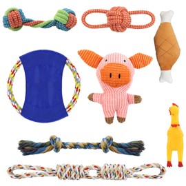 Qcdou Hundespielzeug Kleine Hunde, 8 Hund Interaktives Spielset, Unzerstoerbar BaumwollknotenTau Tier, Kong Hundespielzeug, Langlebiges Kauspielzeug, quietschend Intelligenz Spielzeug
