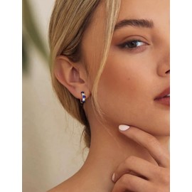 RANDES Sapphire and Diamond Chunky Hoop Earrings Hypoallergenic Sterling Silver 13.5mm Small Huggie Hoops Blue Gemstone September Birthstone Earrings