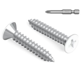 100 PCS #6 x 1 White Head Sheet Metal Screws, Flat Head Phillips Fast Self Tapping Screws, Carbon Steel Countersunk Head Wood Screws, Screwdriver Bit Included