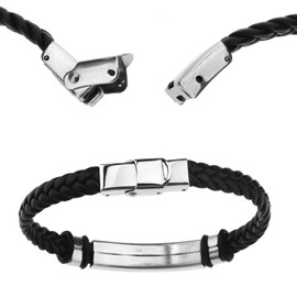 OTOTEC 21cm Black Stainless Steel Braided Leather Bracelet Non Magnetic for Men and Women 8.27 Inch Faux Leather, Faux Leather Leather