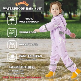 Fewlby Girls Puddle Suit All in One Waterproof Suit, Kids Rain Suit Waterproof Overalls Rainsuit Purple Unicorn Muddy Suit One Piece Raincoat Hoodie Rainwear, 8-10 Years XXL Size