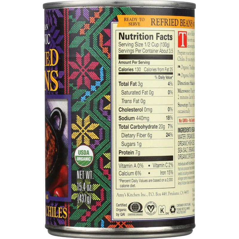 Amys, Beans Refried With Green Chiles Organic, 15.4 Ounce