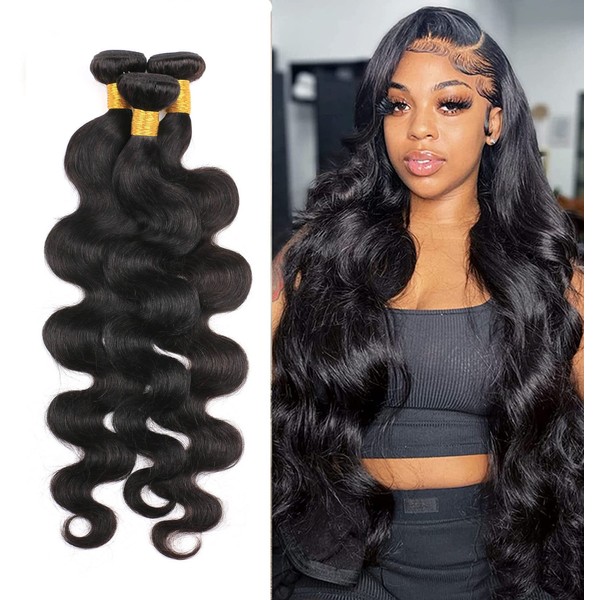 DaiMer Remy Brazilian Hair Body Wave Weave 3 Bundle Extensions Human Hair Real Hair Extensions Natural Curls Wavy Curls Wefts Natural 24 26 28 Inches