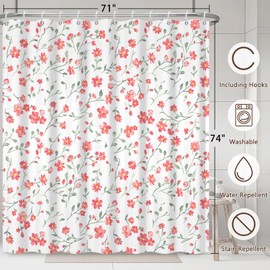 NAEMBCU Romantic Watercolor Pink Floral Shower Curtain with Hooks, Vintage Spring Botanical Print, Waterproof Polyester for Cottagecore Farmhouse Bathroom, 71x74 Inch