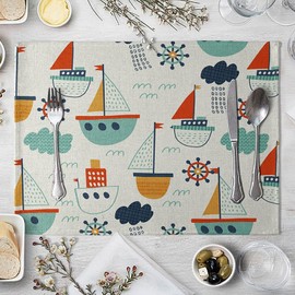 Platzset Kinder 30X40, Tiere Tischset Abwaschbar 4er Set Seedampfer Baumwolle Leinen Platzdeckchen für Esstisch Party Dekoration