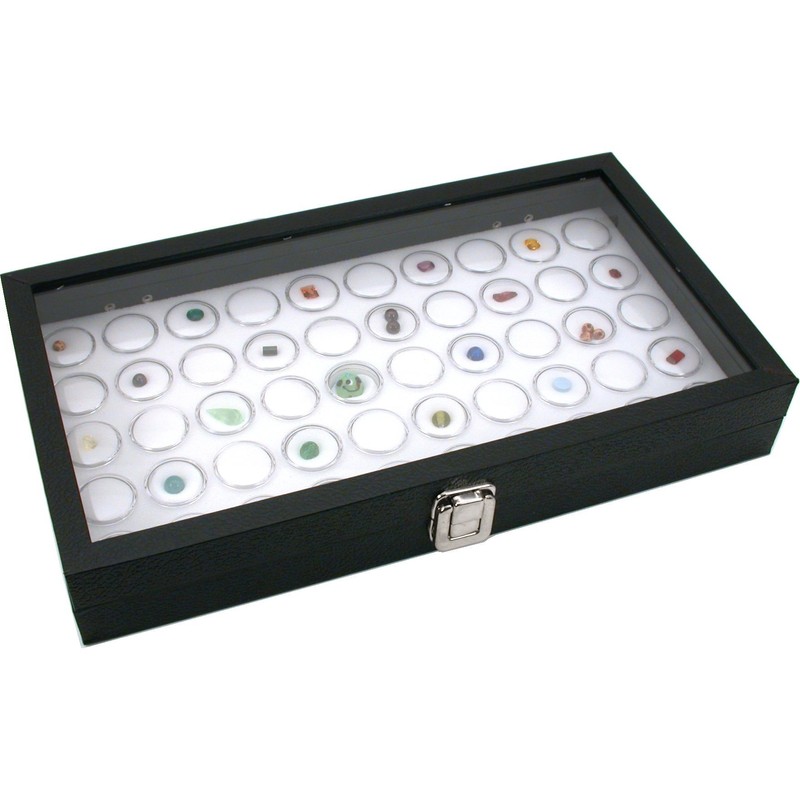 Glass Top Jewelry Display Case Box White 50 Gem Jars