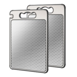 Double Sided 304 Stainless Steel & Wheat Straw Cutting Board,2pack 14.4"*9.8" Non Toxic Lightweight Chopping Board, Separately Handle Meat and Vegetables, Dishwasher Safe,Reduce Scratch Mesh Design