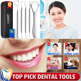 G.CATACC Dental Tools Teeth Cleaning Hygiene Kit Stainless Steel Metal Dental Pick, Mouth Mirror, Tongue Scraper Tooth Plaque Tartar Remover - with Case
