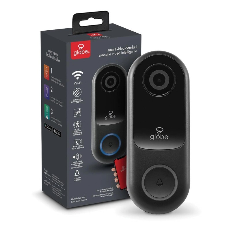 Globe Electric Wi-Fi Smart Video Doorbell, Hardwired, No Hub Required,