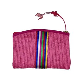 Seoulful Vintage Korean Saekdong Coin Purse - Traditional Multicolor Stripe Card Holder with Knot Charm - Hanbok Pouch Chuseok Gifts (Pink)