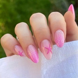 24 Pcs Pink French Press on Nails Short Almond Pink Ombre Fake Nails with Glitter Stars Designs Nude False Nails Full Cover Glossy Acrylic Nail Art Tips Artificial Glue on Nails for Women Manicure