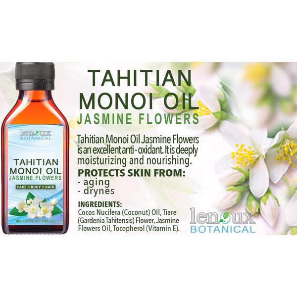 TAHITIAN MONOI OIL JASMINE. COCONUT OIL/JASMINE OIL. 100% Pure Moisturizer for. Face & Body, Hair, Lip and Nail Care. 3.33 Fl.oz.- 100 ml. by Lenoux Botanical