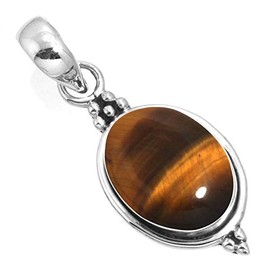 Jeweloporium 925 Silver Pendant for Women Brown Natural Tiger Eye Gemstone Solitaire Silver Pendant Necklace Valentine's Day Gift Costume Jewelry