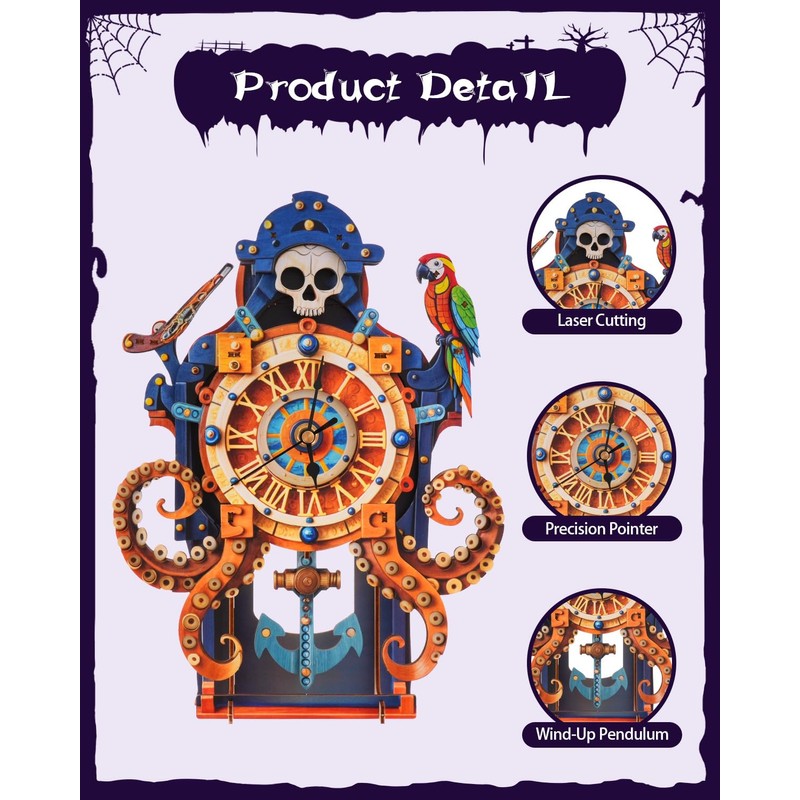 Rnfinewow 3D Wooden Puzzles for Adults, Octopus Sea Monster Clock