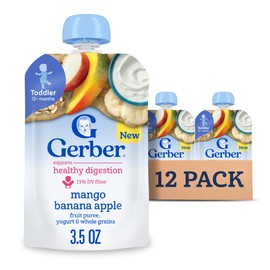 Gerber Toddler Food, Mango Banana Apple, Fruit Puree, Yogurt & Whole Grains, Toddler Food Pouches, Fiber Helps Support Healthy Digestion, No Artificial Flavors, 12-Pack